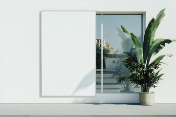 Modern minimalist exterior featuring a blank frame, large window, and potted plant