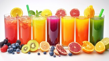 Vibrant array of fruit juices, capturing a health-conscious and colorful lifestyle