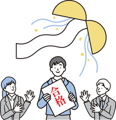 くす玉と合格して喜ぶ男子高校生と女性と男性の先生のシンプルなイラスト素材