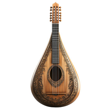 Ornate pearlescent Cittern musical instrument on black background