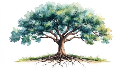 Watercolor Illustration of Tree with Roots