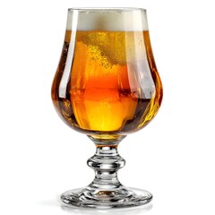 A refreshing glass of amber beer sits in a stemmed glass on a white background perfect for beer advertisements.