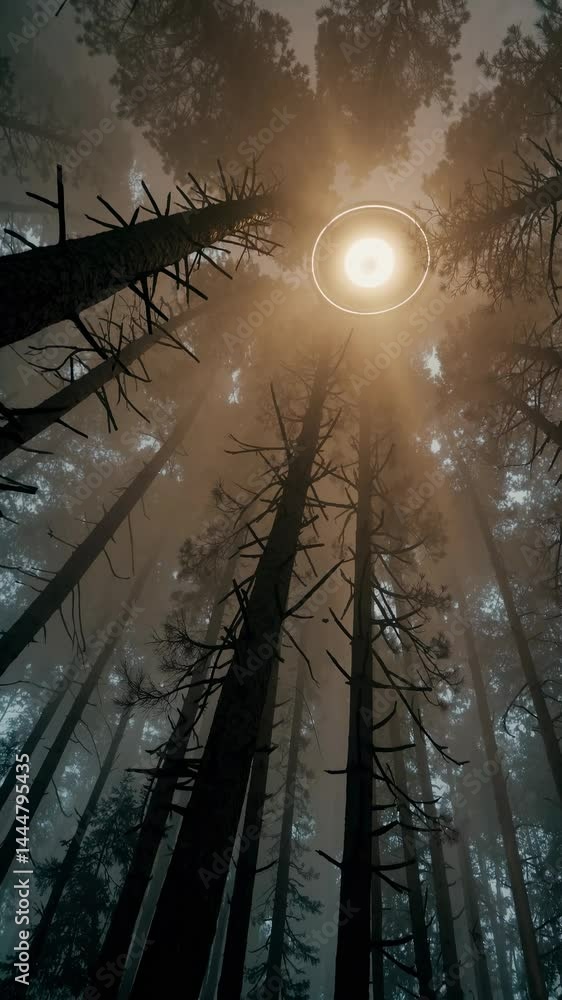 Poster a mystical forest scene with towering trees captured from a low-angle, creating a cinematic video fe