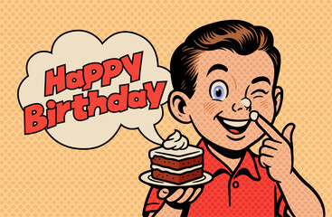 Happy Birthday Boy with Cake in Pop Art Style