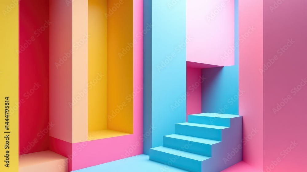 Poster vibrant geometric shapes in a modern minimalist space featuring colorful walls and stairs creating a