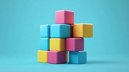 Fototapeta premium Vibrant Colorful Building Blocks Stacked Against a Blue Background Creating a Playful and Engaging Scene for Child Development and Educational Themes