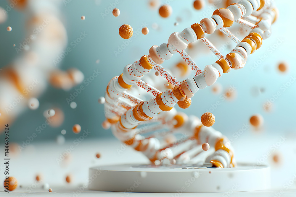 Poster this image depicts a dna helix with abstract elements. use it for science education visuals or biote