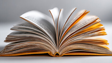 Obraz premium Open Book Revelation: A detailed top-down shot reveals the delicate dance of turning pages of an open book, its aged yellowed pages and illuminated text.