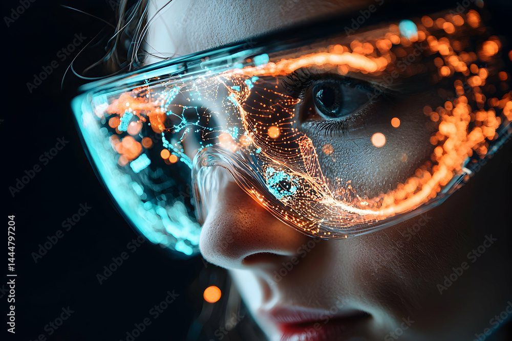 Poster futuristic vision of a person wearing augmented reality glasses displaying digital data overlay. sui