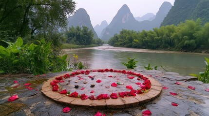 River, petals, spa, serenity, China, mountains, rain, zen, relaxation, travel