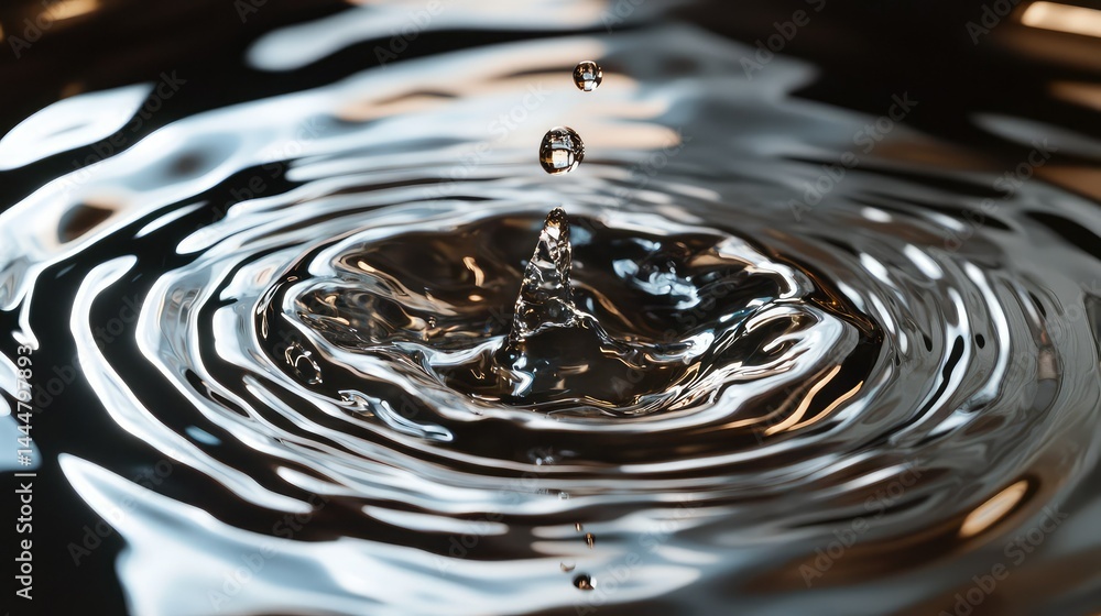 Poster close-up of water droplet creating ripples on surface, reflecting soft light, macro photography of n