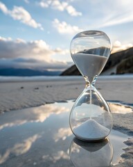 Hourglass Reflecting in a Desert Landscape on water.