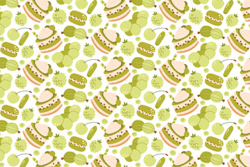 Seamless pattern with green berries and desserts in minimal flat style. Fresh and clean design.