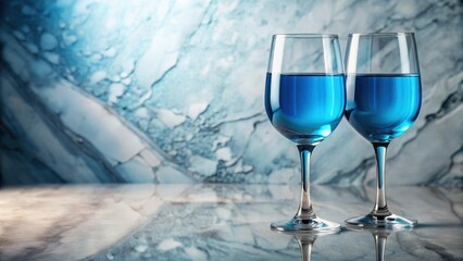 Blue glass wineglasses filled with clear liquid on a marble surface, peaceful scene