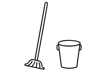 Mop And Bucket Combo Line Art Vector Illustration
