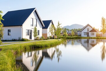 Calm suburban lake reflecting a serene landscape in high resolution.
