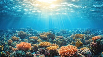 Naklejka premium Underwater coral reef bathed in sunlight