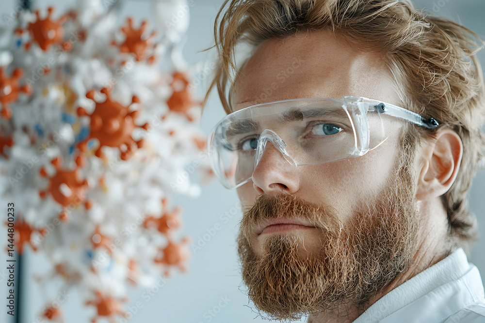 Poster a scientist in protective eyewear stares intently with a virus model in the background. suitable for