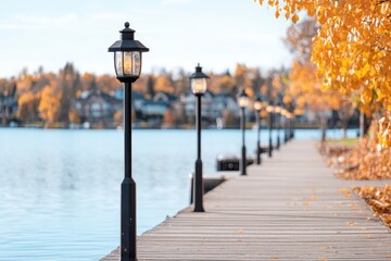 A serene lakeside landscape featuring a suburban boardwalk scene.