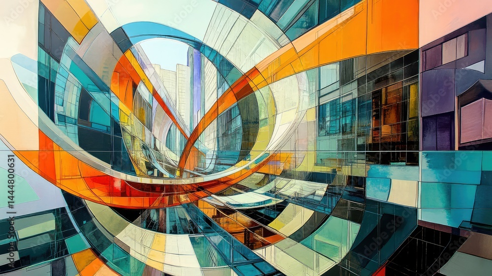Poster abstract colorful composition with vibrant curves and geometric shapes creating a dynamic urban envi