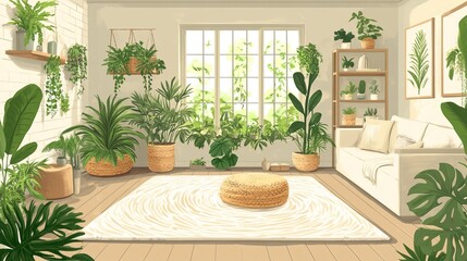 Fototapeta premium Vibrant Indoor Oasis Featuring Lush Green Plants in Decorative Baskets Creating a Refreshing Atmosphere