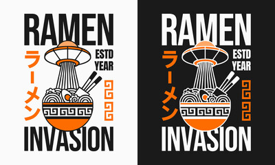 Ramen invasion concept with UFO beaming noodles in bold graphic style with ramen text written in Japanese.