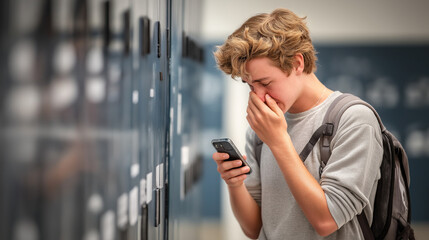 Emotional teenage boy crying while reading a message on his phone in a school hallway — powerful concept for cyberbullying, teen mental health, or social media impact awareness campaigns