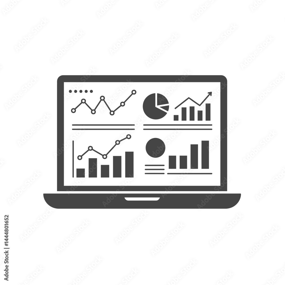 Poster laptop data analytics: a laptop screen displays various data charts and graphs, showcasing key perfo