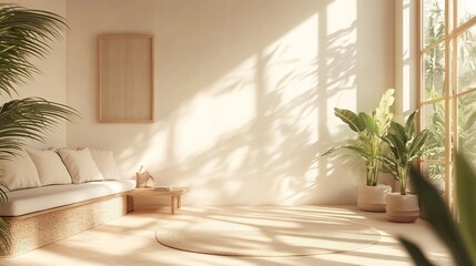 Fototapeta premium Cozy Living Room Featuring Comfortable Couch Lush Potted Plants and Bright Window Illuminating Space