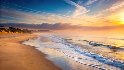 Fototapeta premium Sandy white beach at dawn with misty fog rolling over the ocean, Playa de la Mina's unique landscape blends into the horizon