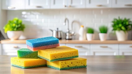 Scouring Sponges on Clean Kitchen Counter,