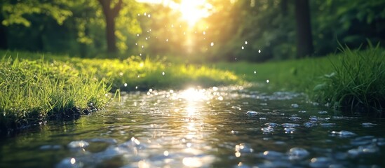 Fototapeta premium Sunset stream flows park grass