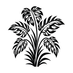 Black Silhouette Monstera Deliciosa Plant with Bold Leaves, Tropical Foliage Design