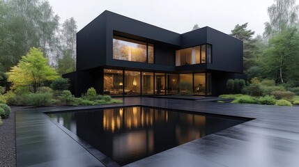 Obraz premium Modern black house with pool and garden
