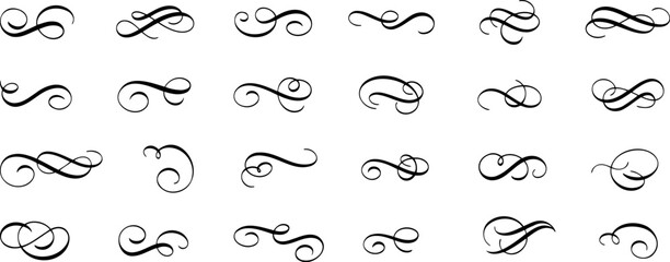 Black swirls, flourishes, decorative elements arranged gridlike. Simple design, elegant patterns, transparent background