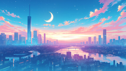 Fototapeta premium 幻想的なネオンカラーで描かれた近未来都市の星空イラスト｜三日月と輝く雲が夜空を舞い、カラフルな建物が広がるドリーミーな風景画像