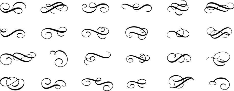 Black swirls, flourishes, decorative elements arranged gridlike. Simple design, elegant patterns, transparent background