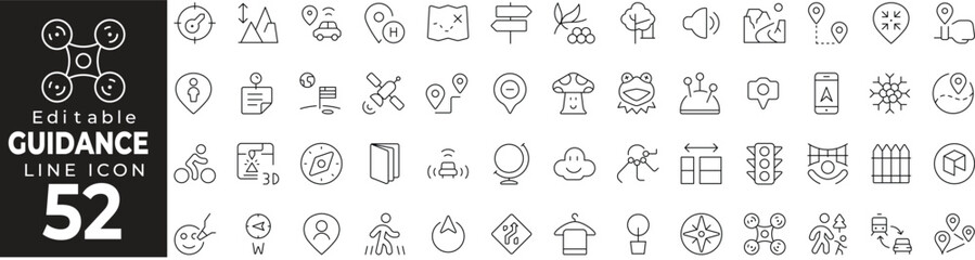 Guidance & Geolocation Icon Set: A Line Icon Collection Featuring Map, Tracking, Directions, Location Pin, and More