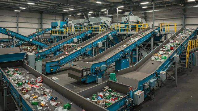 Industrial Recycling Plant Interior with Conveyor Belts Sorting Waste Materials with Blue and Yellow Accents