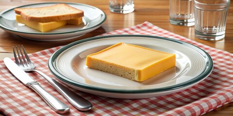 Diner plate with a single slice of American cheese on top in the center , utensil holder, table setting