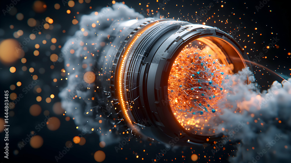 Poster a futuristic abstract of glowing energy within a mechanical device. suggests advanced technology or 