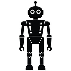 robot silhouette vector illustration with white background, robot silhouette icon, Two retro-style robot illustrations with square heads and mechanical limbs, black and white vector graphics, Robot.