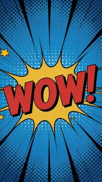 Vintage comic book explosion revealing dramatic wow expression, blue halftone backdrop blending yellow and red elements signaling surprise.
