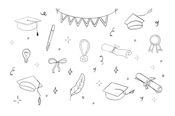 Graduation hat doodle line. University Cap of graduate and certificate degree hand drawn outline. Graduation hats sketch 