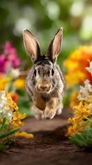 Energetic rabbit hopping through a colorful field of flowers capturing the essence of spring