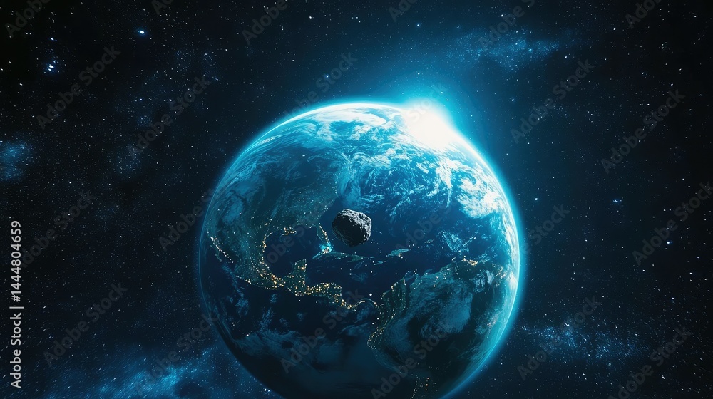 Poster stunning view of earth surrounded by stars with a close-up of an asteroid approaching from outer spa