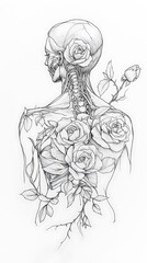 Fototapeta premium Anatomical Female Figure Adorned with Roses A Fine Line Art Illustration
