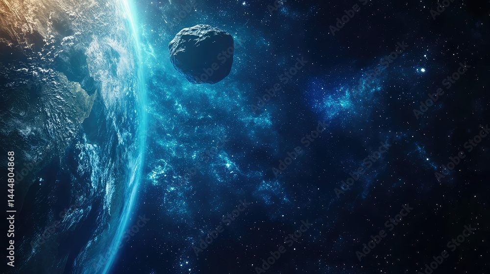 Poster awe-inspiring view of earth surrounded by a vast and celestial space featuring a large asteroid in t