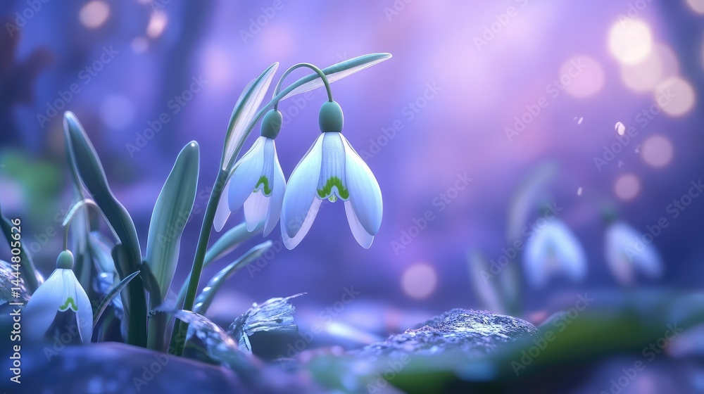 Poster delicate snowdrop flowers in a mystical forest with dappled light and soft focus background creating