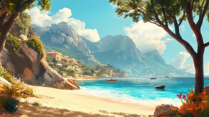 Serene Coastal View with Gentle Waves and Rocky Mountains in Background, Lush Green Trees Framing an Idyllic Beach Scene Under a Bright Sunny Sky